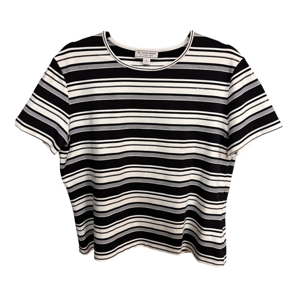 NWOT St John Sport Black & White Striped Short Sleeve/Zipper Embellishment Sz L